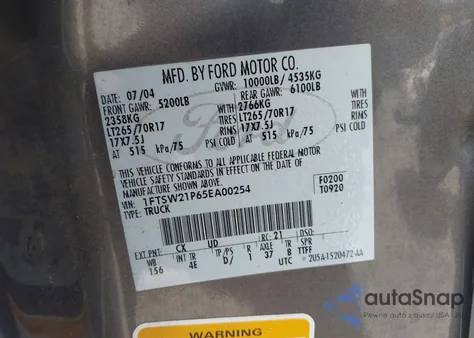 2005 Ford F-250 Lariat/Xl/Xlt из США, поврежденный, VIN 1FTSW21P65EA00254